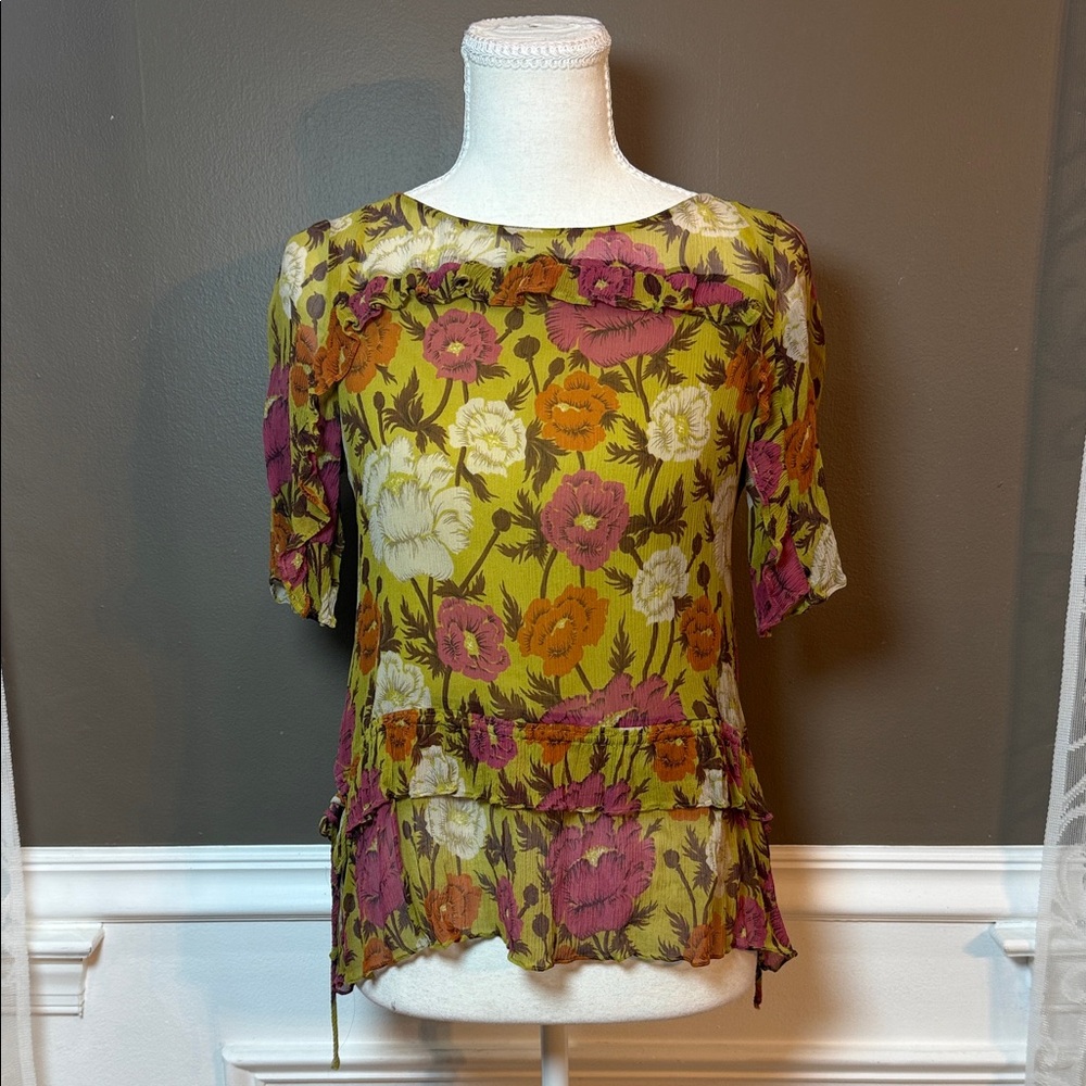 Massimo Dutti Silk Floral Ruffle Top Boho Festival Size 4 Blouse